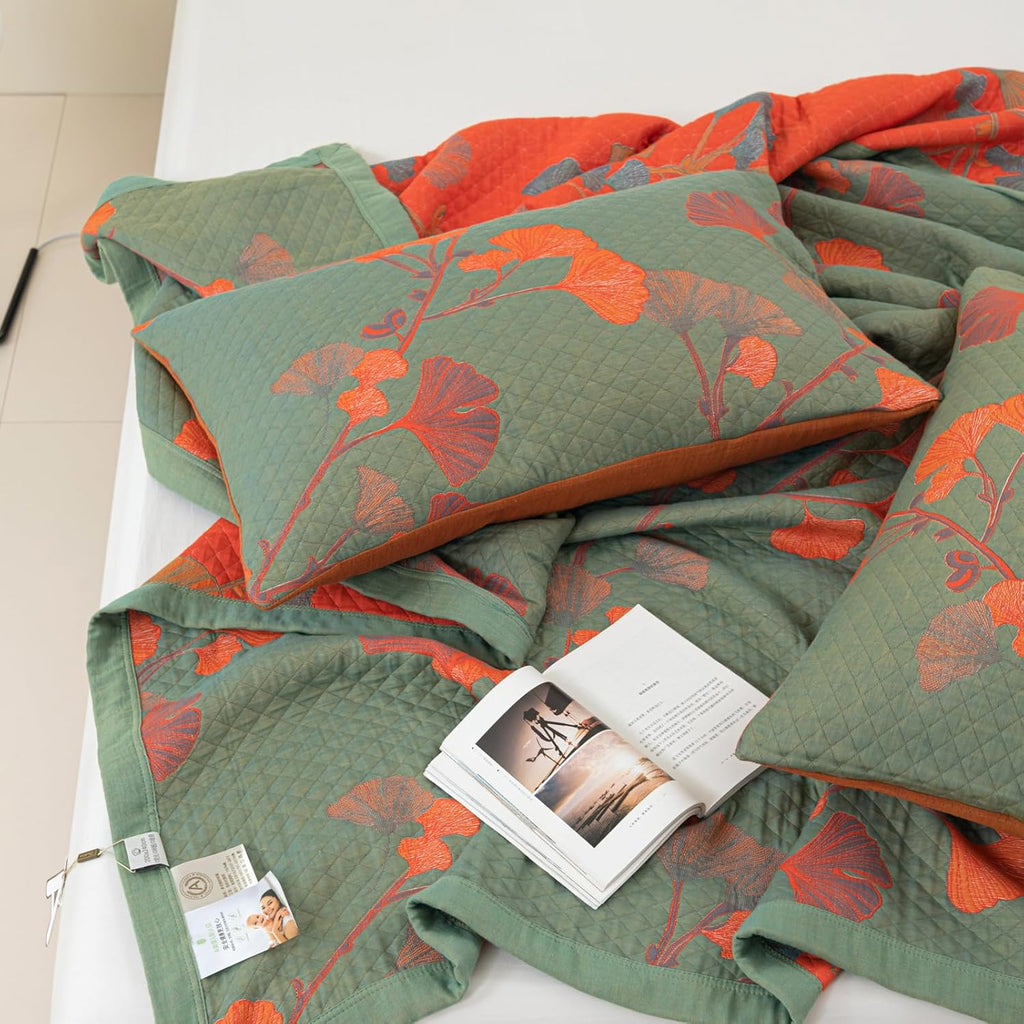 Elegant Floral Quilted Bedspread Set Green Orange Cotton King Size Bedding — Image 4