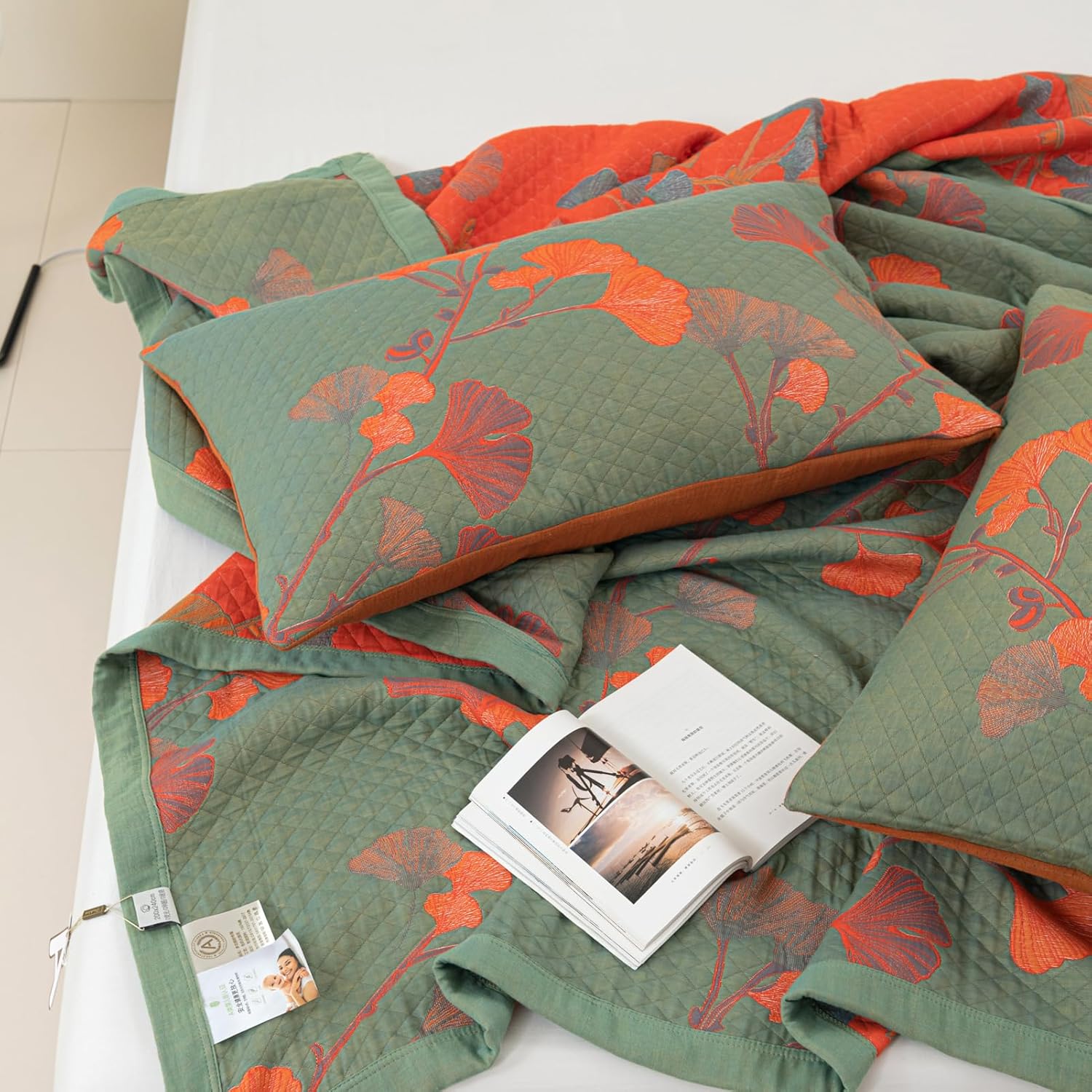 Elegant Floral Quilted Bedspread Set Green Orange Cotton King Size Bedding — Image 4