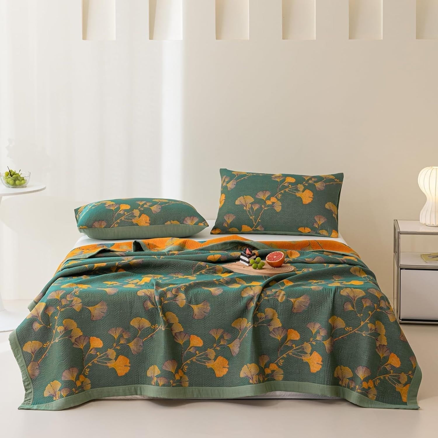 Elegant Floral Quilt Set Cotton Green Yellow Reversible King Size Bedding — Main Image