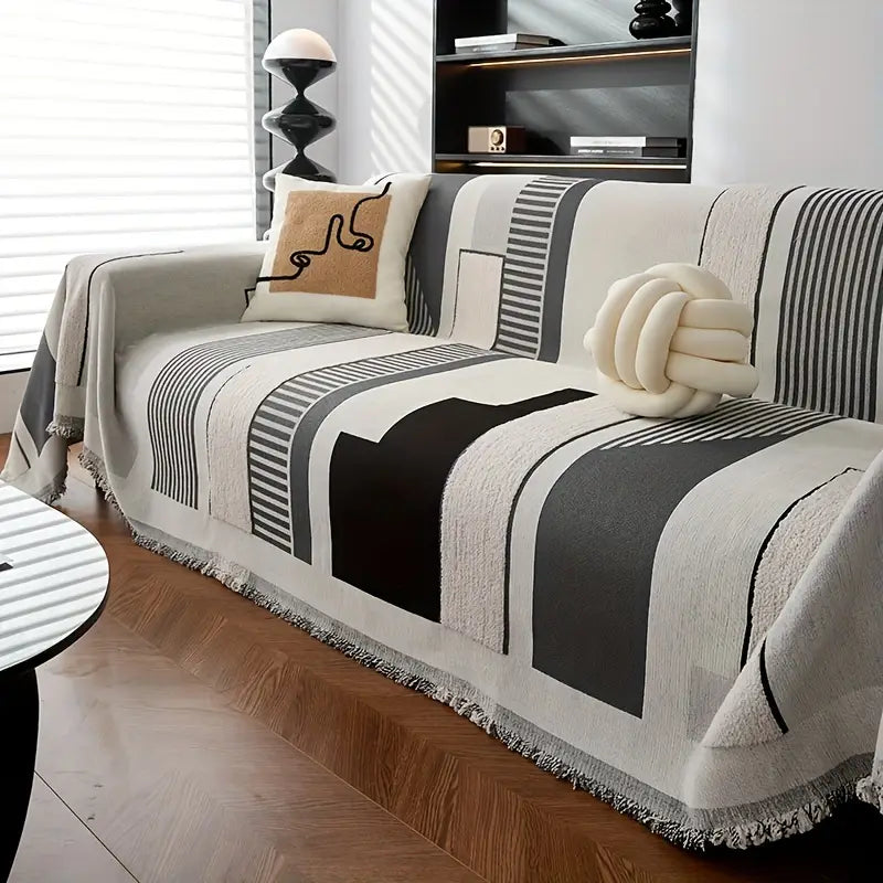 Modern Geometric Cotton Sofa Throw Blanket Black White Orange Striped Decorative Living Room Cover — Image 3