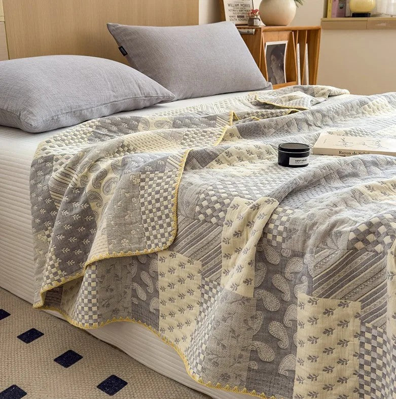 Elegant Patchwork Cotton Quilt Blanket Reversible Beige Blue Soft Lightweight Bedding — Image 5