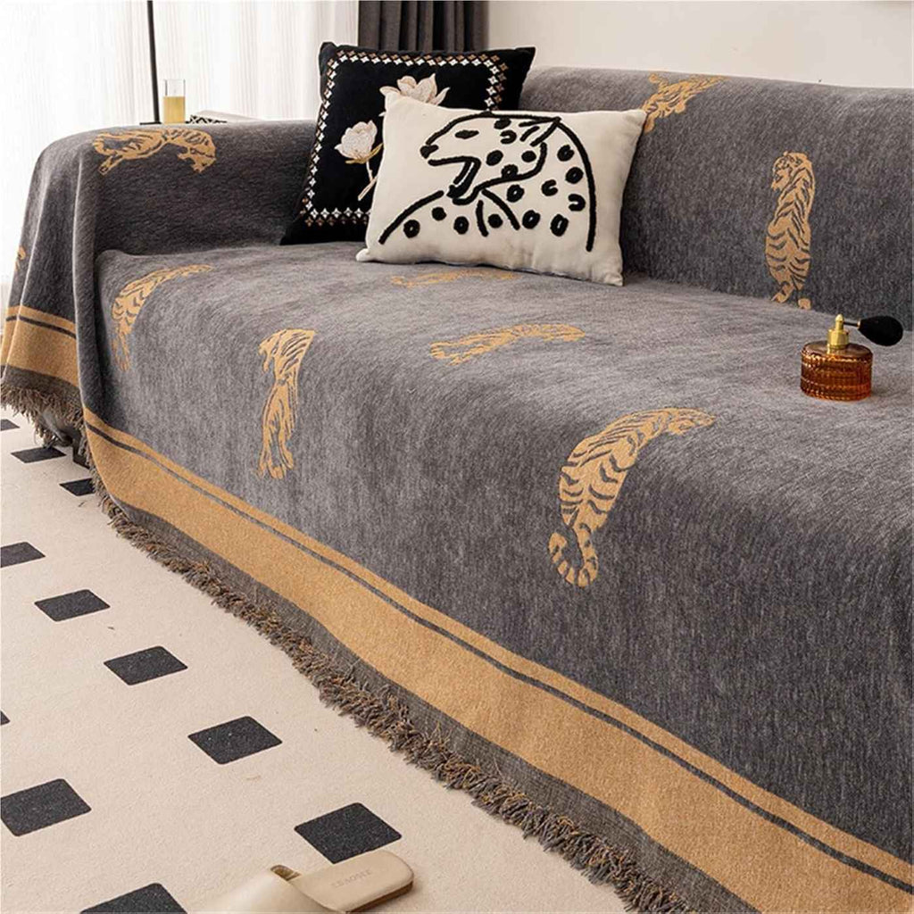 Luxury Woven Sofa Throw Blanket Cotton Blend Tiger Pattern Fringed Edges — Main Image