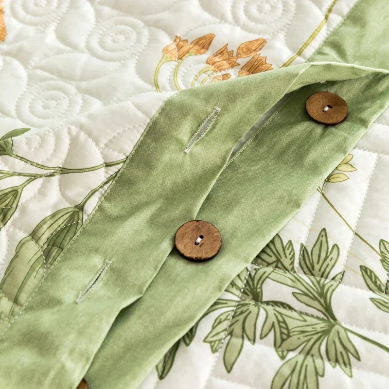 Floral Quilted Bedspread Set Cotton Green Botanical Pattern King Size — Image 5