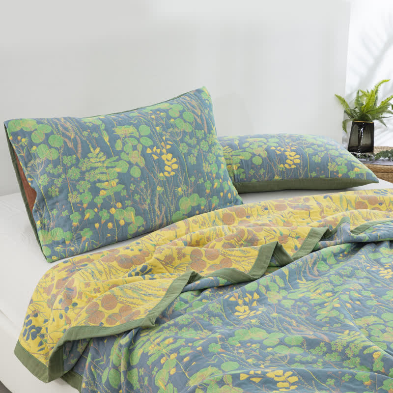 Reversible Floral Comforter Set Cotton Green Yellow King Size Bedding — Image 4