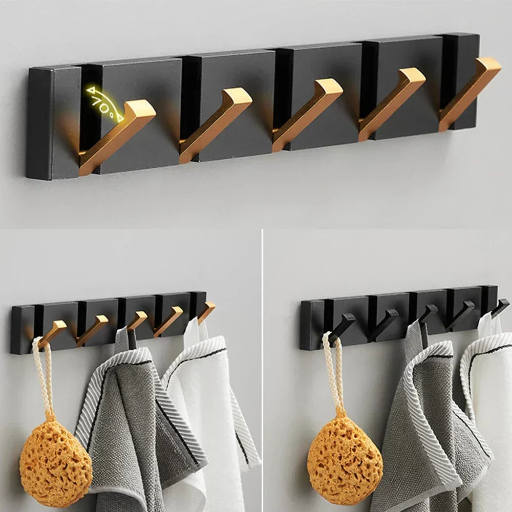 Modern Wall-Mounted Foldable Hook Rack Black Aluminum Gold Accents 5 Hooks — Image 4