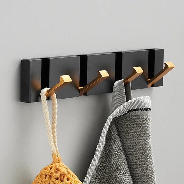 Modern Wall-Mounted Foldable Hook Rack Black Aluminum Gold Accents 5 Hooks — Image 9