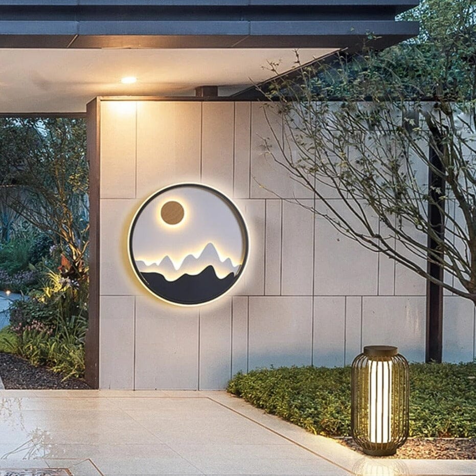 Modern Outdoor LED Wall Light Circular Mountain Sun Design Waterproof Metal — Main Image