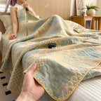 Elegant Patchwork Cotton Quilt Blanket Reversible Beige Blue Soft Lightweight Bedding — Main Image