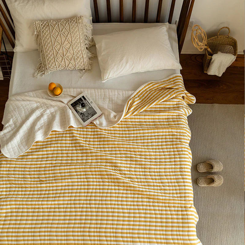 CozyHome Cotton Striped Reversible Blanket Yellow White Soft Lightweight — Image 4