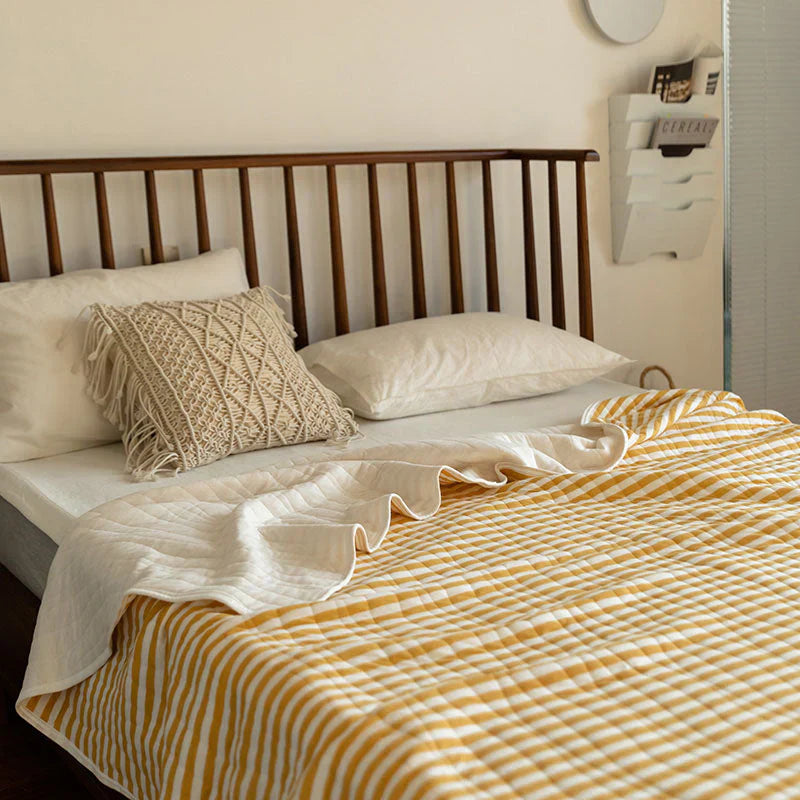 CozyHome Cotton Striped Reversible Blanket Yellow White Soft Lightweight — Image 2