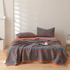 Elegant Floral Cotton Bedspread Set Orange Blue Queen Size Reversible Quilt — Main Image