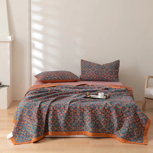 Elegant Floral Cotton Bedspread Set Orange Blue Queen Size Reversible Quilt — Main Image