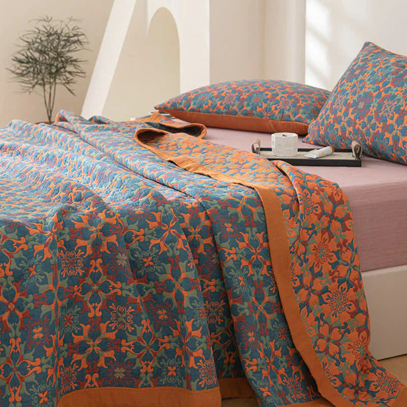 Elegant Floral Cotton Bedspread Set Orange Blue Queen Size Reversible Quilt — Image 2