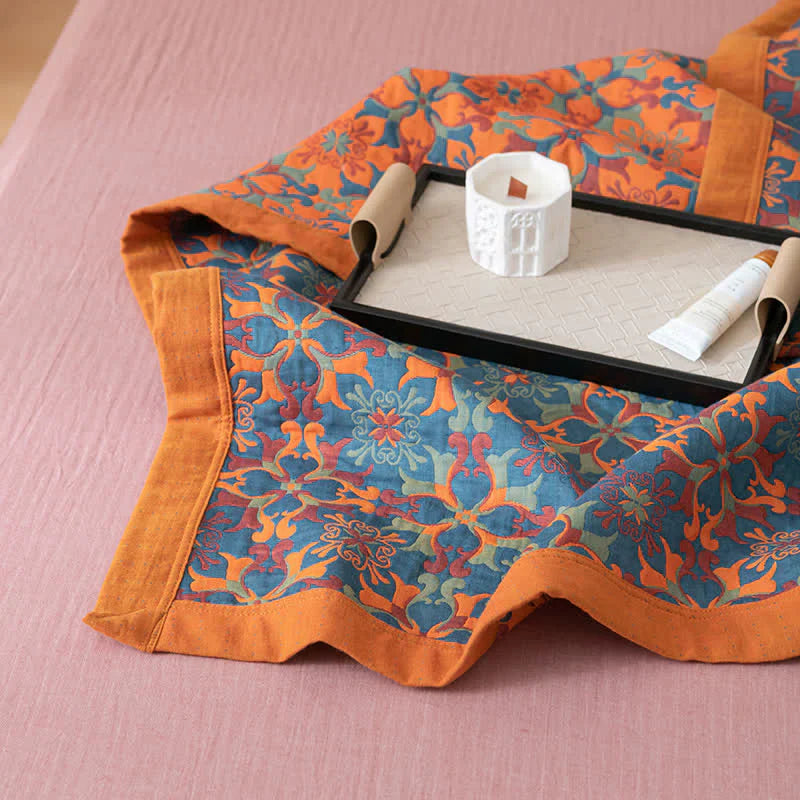 Elegant Floral Cotton Bedspread Set Orange Blue Queen Size Reversible Quilt — Image 7