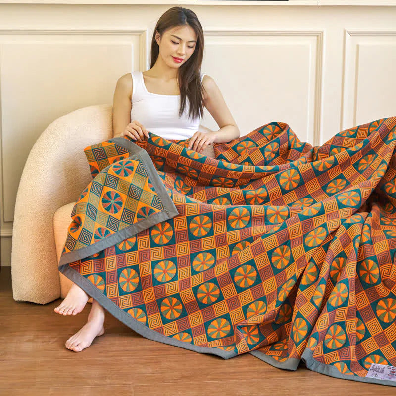 Geometric Quilted Bedspread Set Cotton Orange Green Pattern King Size Reversible — Image 2