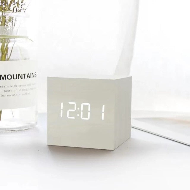 Modern LED Wooden Cube Alarm Clock Multi-Color Display USB Powered 6.3cm — Image 3