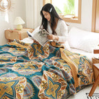 Bohemian Mandala Pattern Cotton Bedspread King Size Teal Yellow Reversible Quilt — Image 7