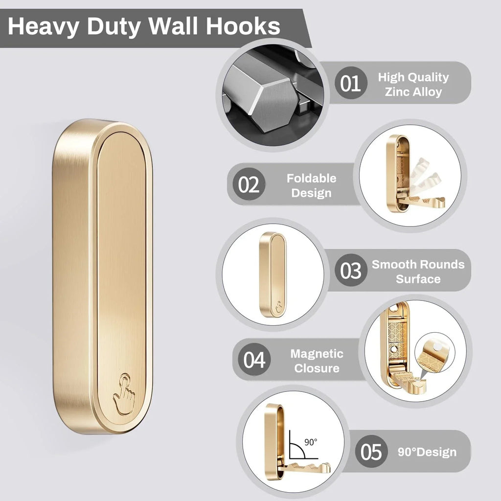 Premium Zinc Alloy Wall Hooks Foldable Magnetic Closure Heavy Duty Gold — Image 2