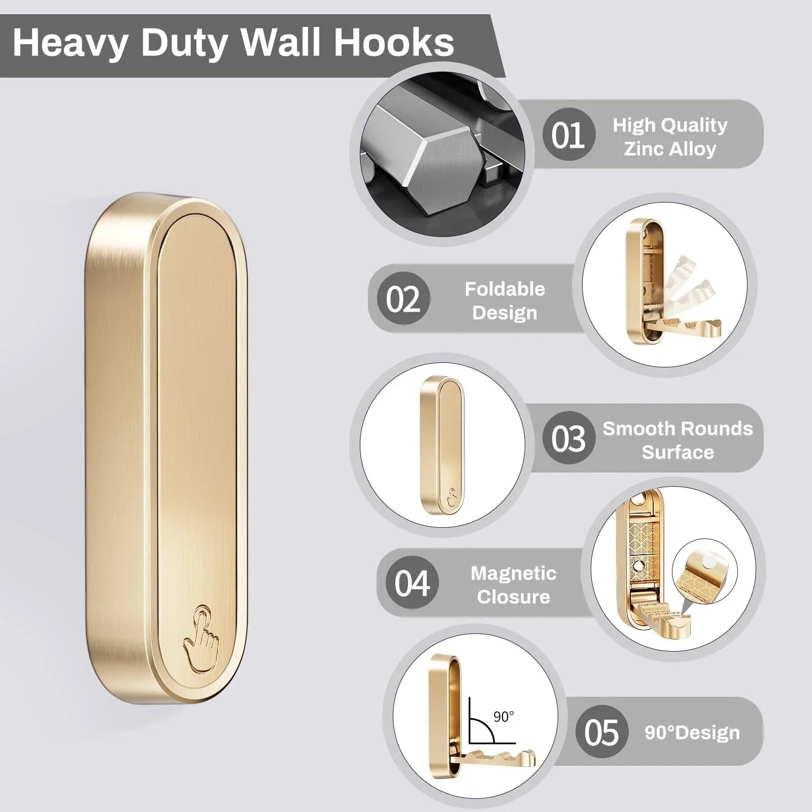 Premium Zinc Alloy Wall Hooks Foldable Magnetic Closure Heavy Duty Gold — Image 2