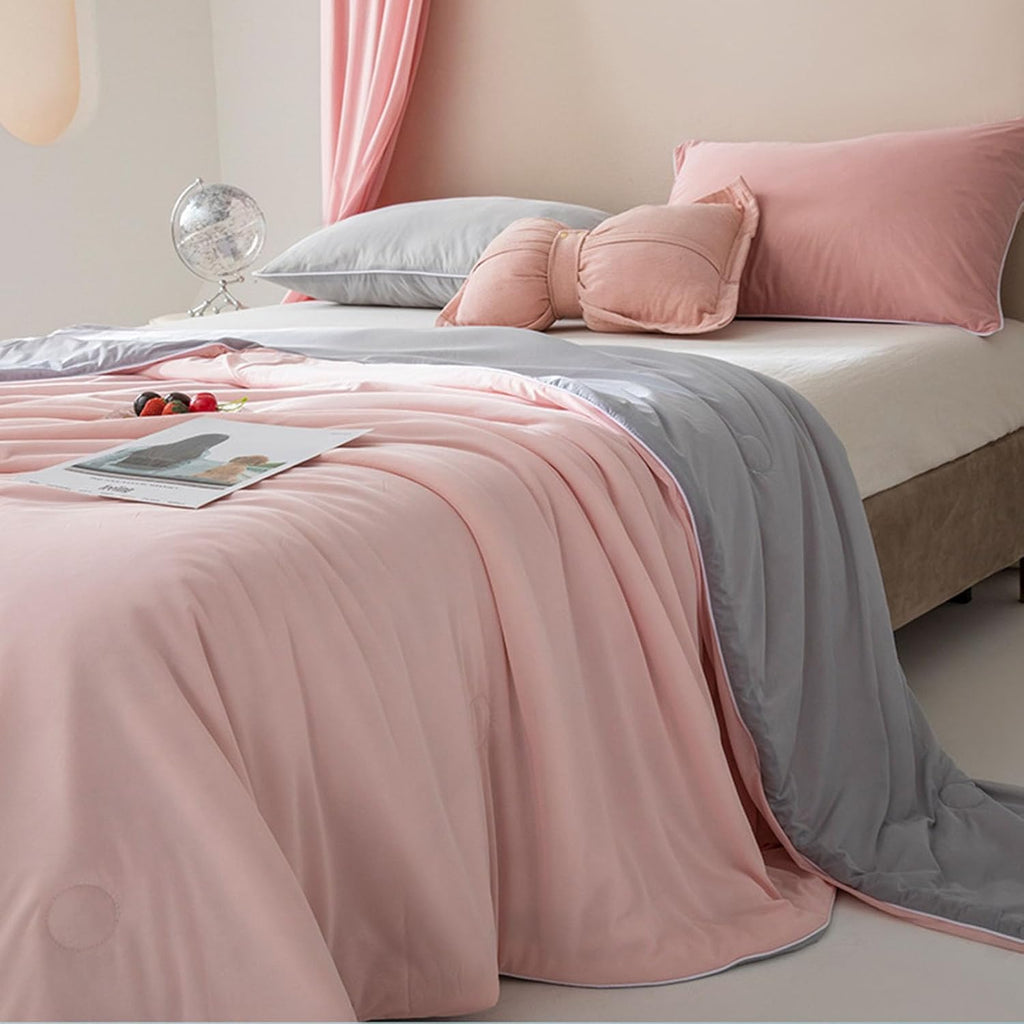 Reversible Microfiber Comforter All-Season Hypoallergenic Lightweight Bedding Set Pink and Gray — Main Image