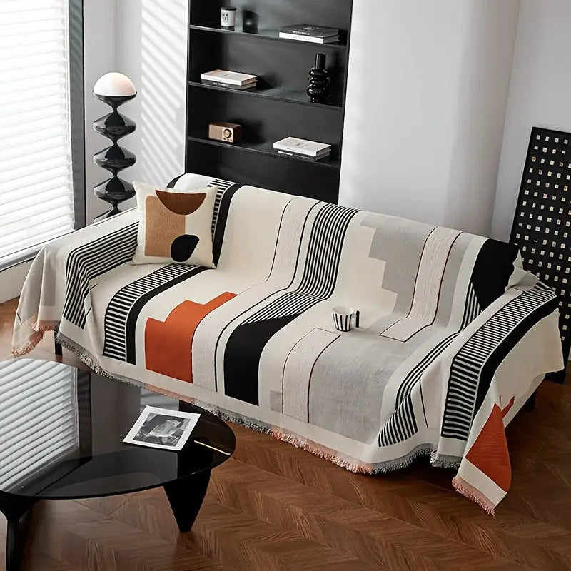 Modern Geometric Cotton Sofa Throw Blanket Black White Orange Striped Decorative Living Room Cover — Image 9