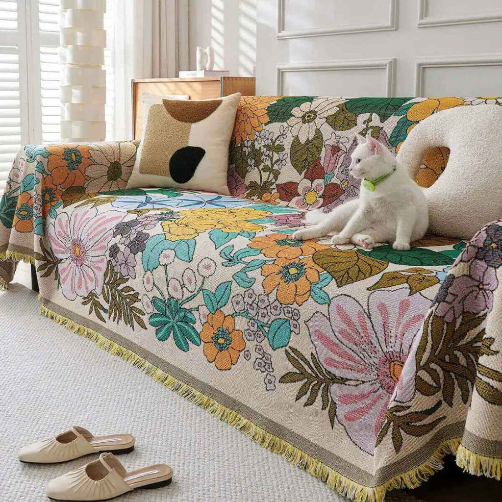 Reversible Floral Sofa Cover Cotton Blend Tapestry with Tassels for Living Room — Image 2