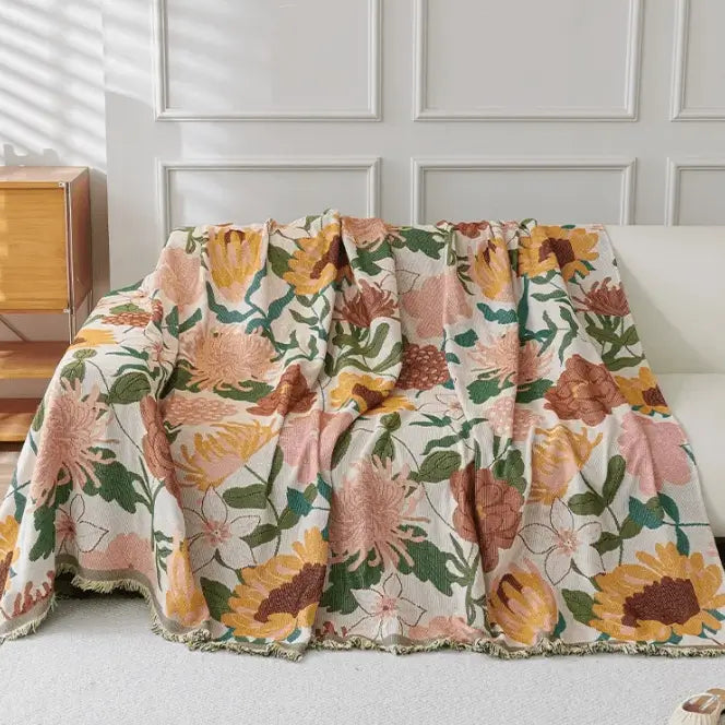 Reversible Floral Sofa Cover Cotton Blend Tapestry with Tassels for Living Room — Image 3