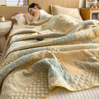 Elegant Patchwork Cotton Quilt Blanket Reversible Beige Blue Soft Lightweight Bedding — Image 8