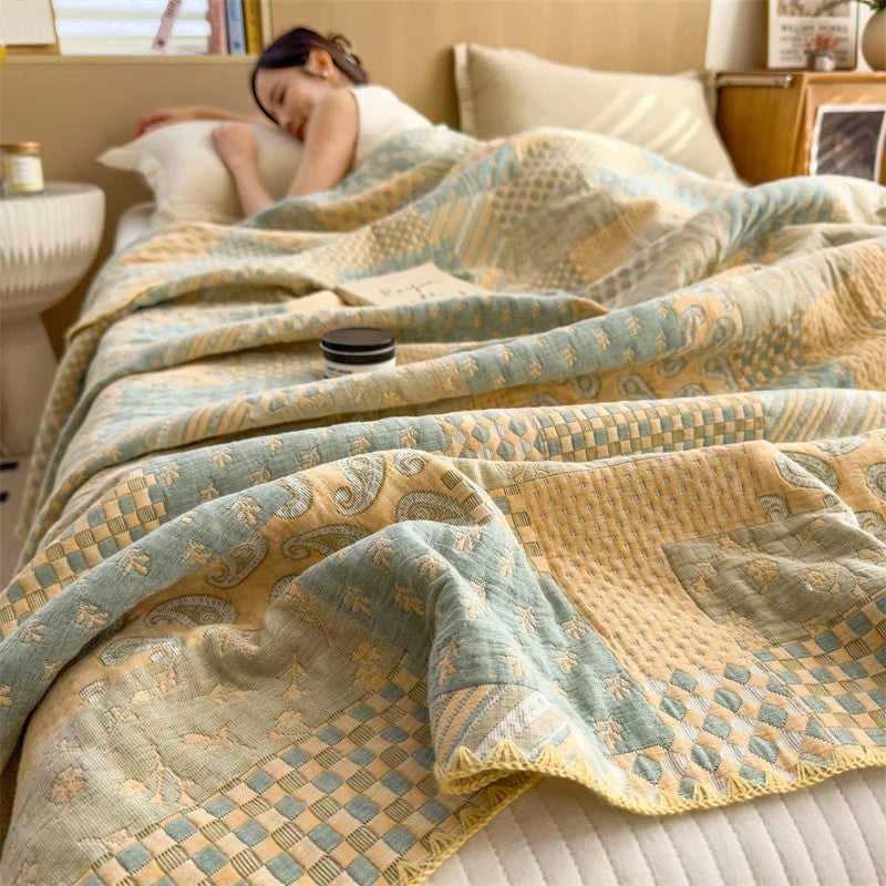 Elegant Patchwork Cotton Quilt Blanket Reversible Beige Blue Soft Lightweight Bedding — Image 8