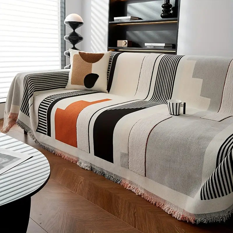 Modern Geometric Cotton Sofa Throw Blanket Black White Orange Striped Decorative Living Room Cover — Main Image