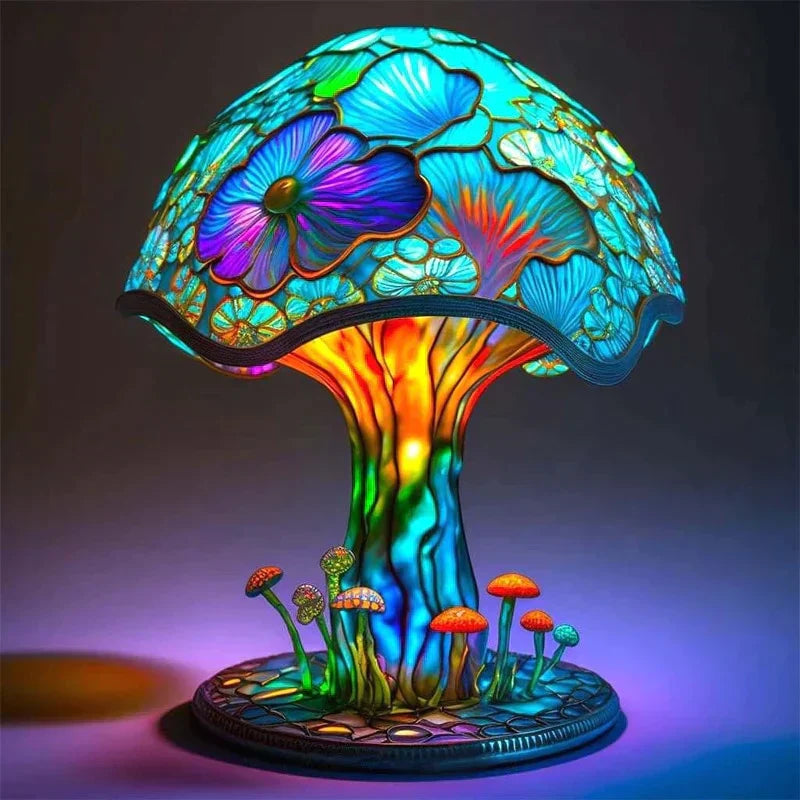 Artistic Stained Glass Mushroom Table Lamp Handcrafted Decorative Accent Light Multicolor — Image 3