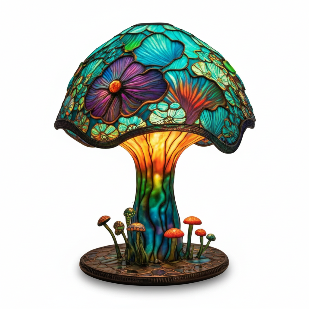 Artistic Stained Glass Mushroom Table Lamp Handcrafted Decorative Accent Light Multicolor — Main Image
