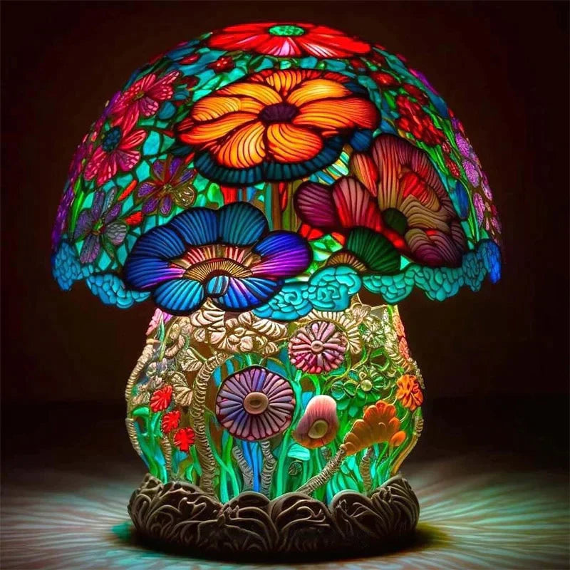 Artistic Stained Glass Mushroom Table Lamp Handcrafted Decorative Accent Light Multicolor — Image 4