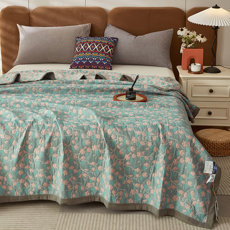 Reversible Floral Cotton Quilt Blanket King Size Blue Pink Green Pattern — Main Image