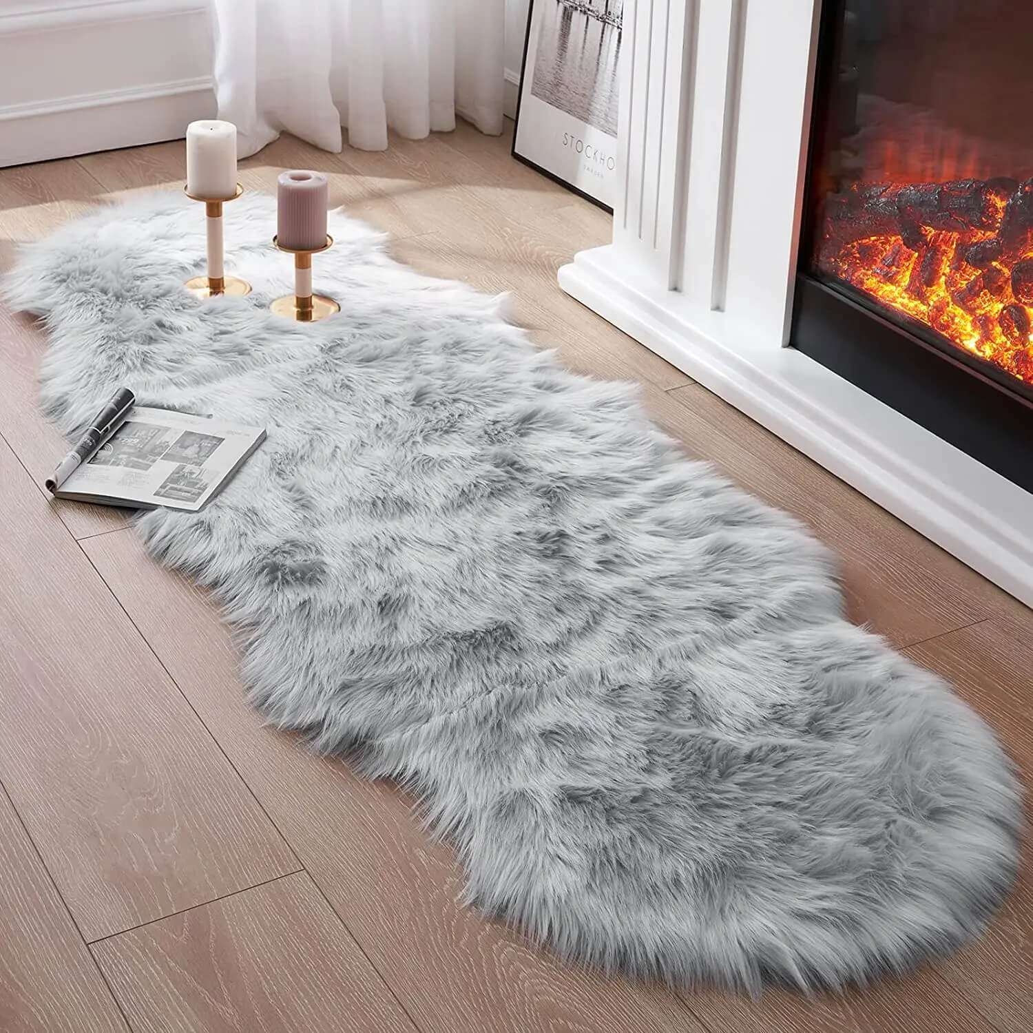 Luxury Faux Fur Area Rug Soft Shaggy Carpet Grey 60x180cm — Main Image