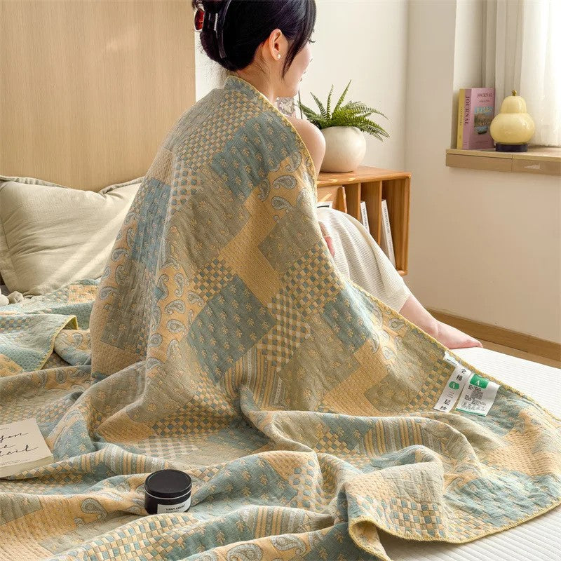 Elegant Patchwork Cotton Quilt Blanket Reversible Beige Blue Soft Lightweight Bedding — Image 4